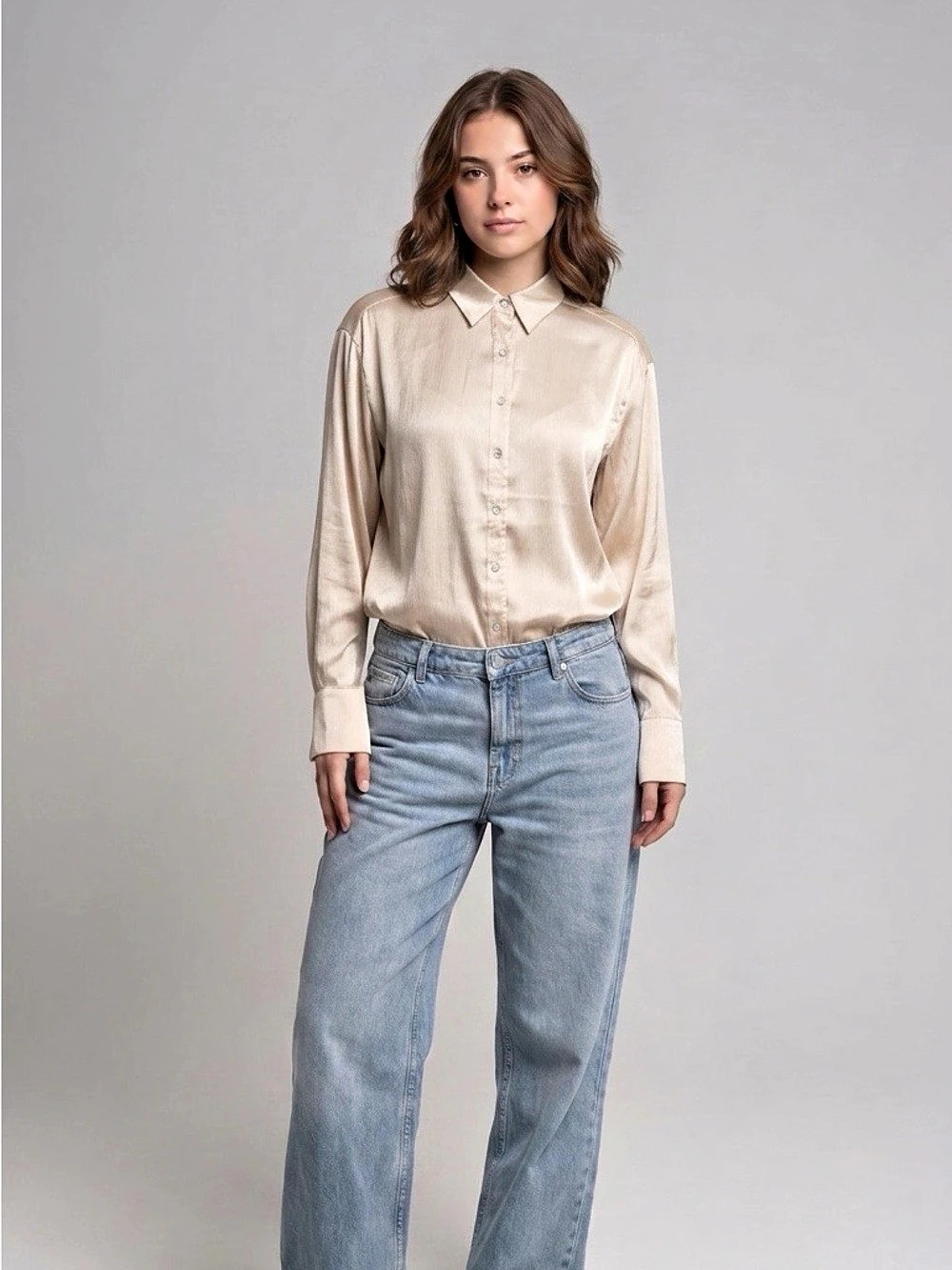 Cotton Candy LA Champagne V Neck Satin Button Front Top Pleated Button Down